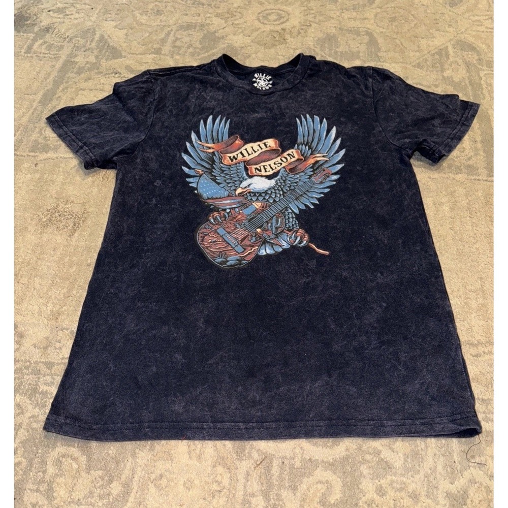 Willie Nelson Short Sleeve Mens T Shirt Blue Gray Eagle Guitar Flag Sz Small